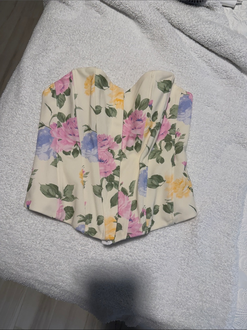 Zara Cream Floral Strapless Corset Crop Top with Pink, Purple & Yellow Blooms